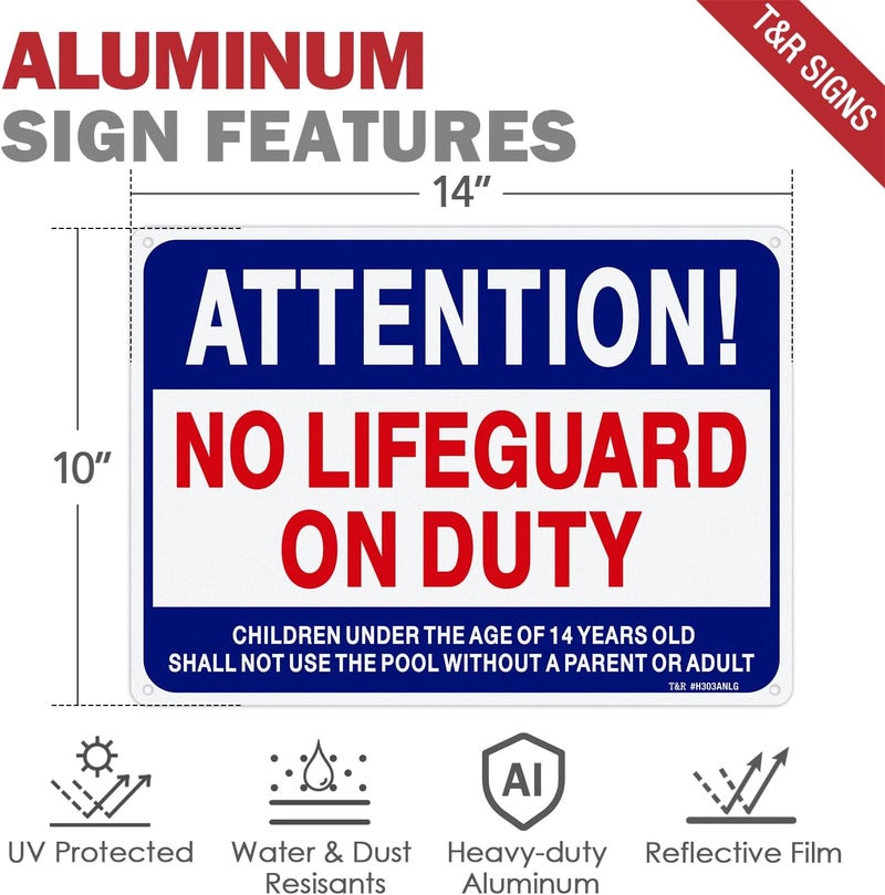 TR No Lifeguard On Duty Sign, Pool Sign - 2 Pack - 14"x10" .040 Rust Free Heavy Aluminum, Reflective, Waterproof, Weatherproof and Fade Resistant, 4 pre-drilled holes, Easy to Mount - Image 2